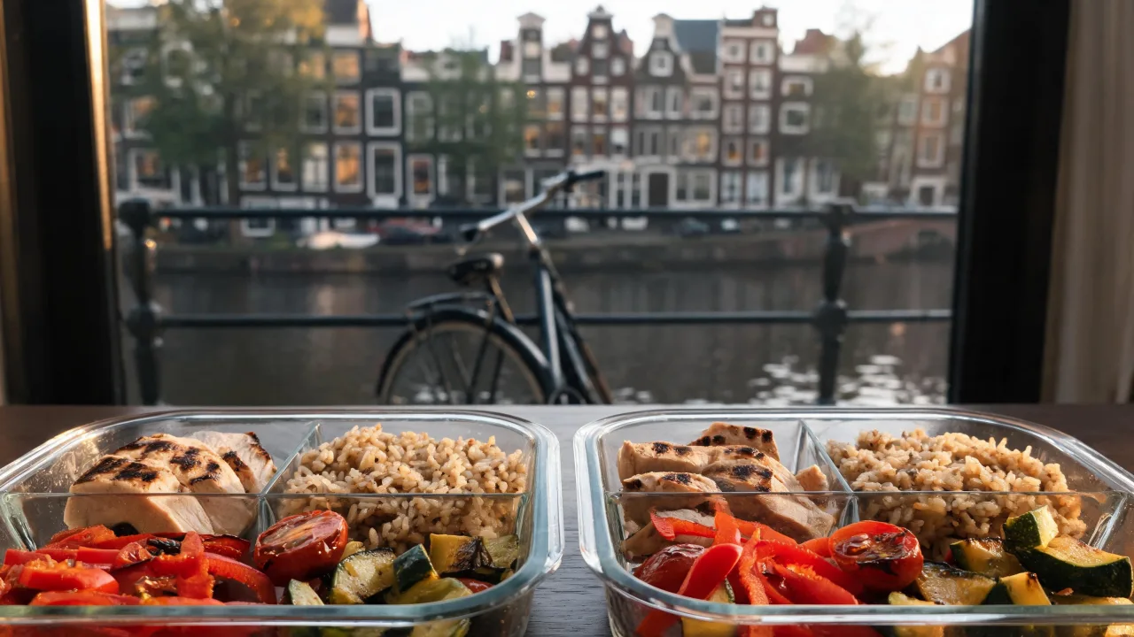 Verse meal prep maaltijden in glazen bakjes met op de achtergrond Amsterdamse grachtenpanden